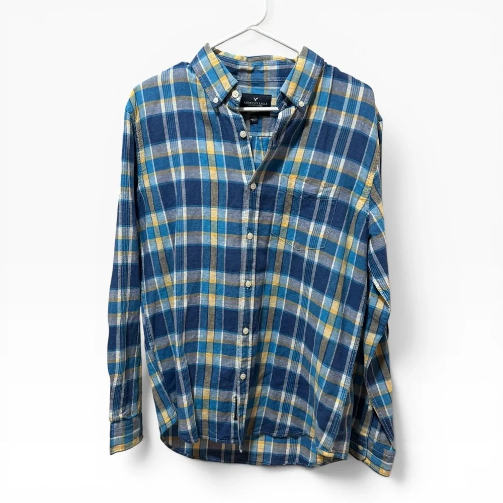 American Eagle Plaid Shirt Mens M Blue Yellow Excellent Seriously Soft Flannel